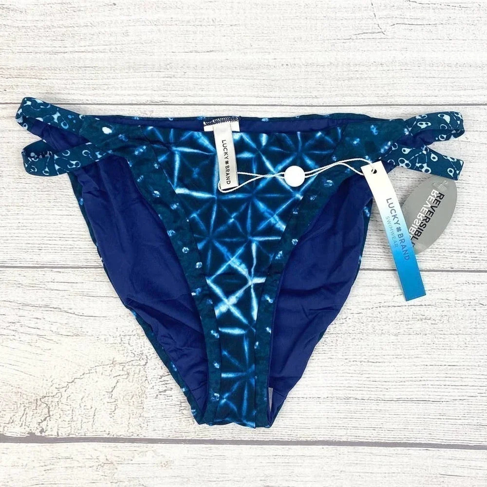 NEW Lucky Brand Shibori Patchwork Reversible Side Strap Hipster Bikini Bottom S